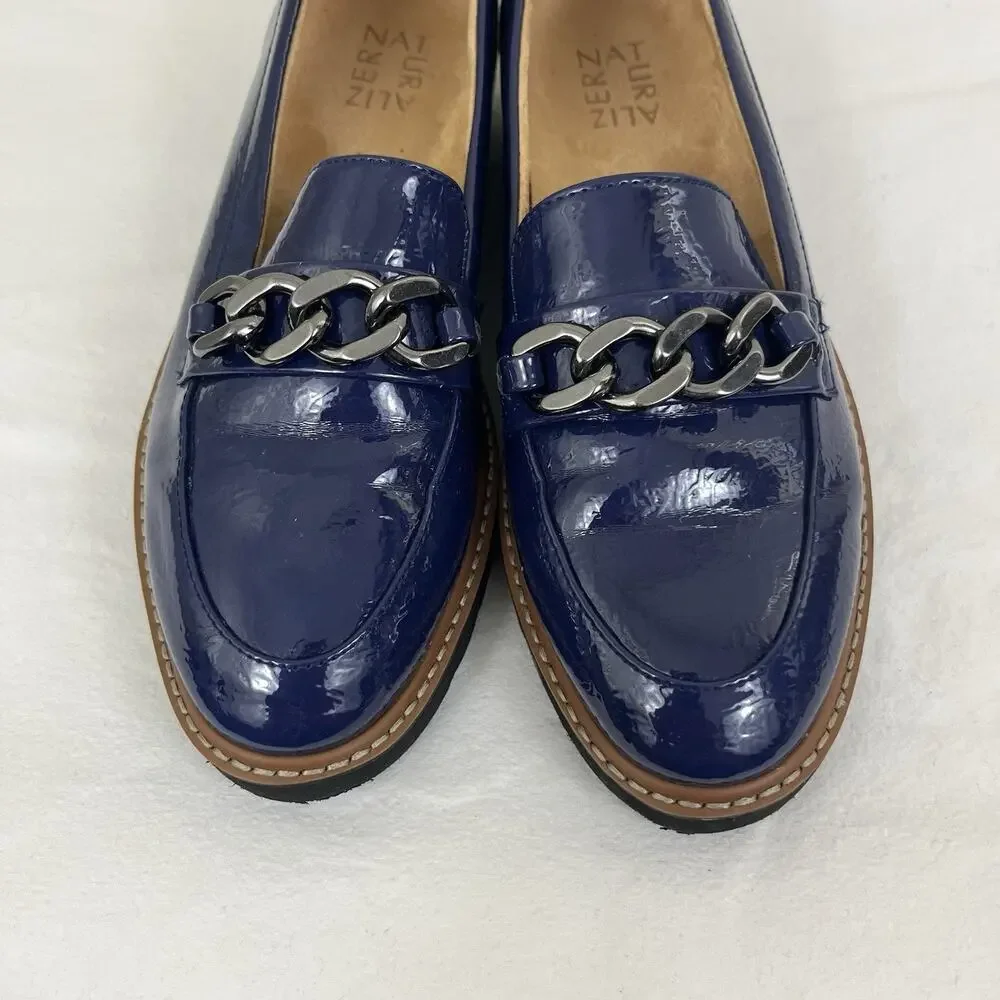 NATURALIZER Emmal Lug Sole Chain Faux Patent Leather Loafers Size 9 Haven Blue